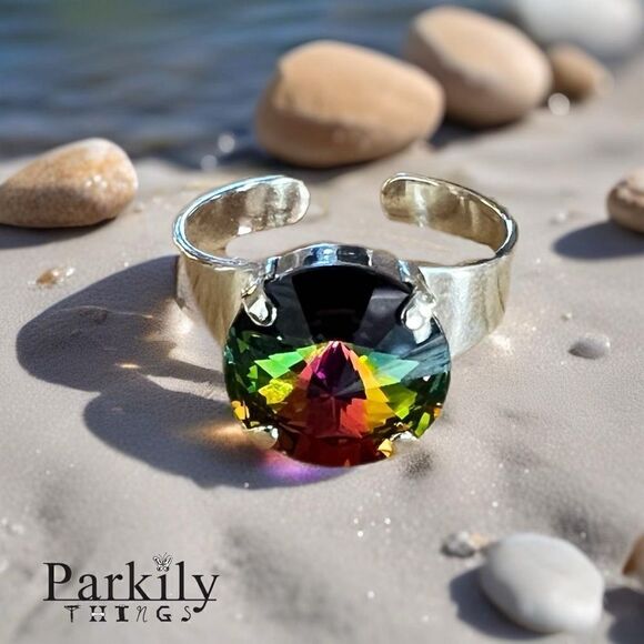 Handcrafted sparkly ring made with medium vitrail Swarovski crystal adjustable - Picture 1 of 6